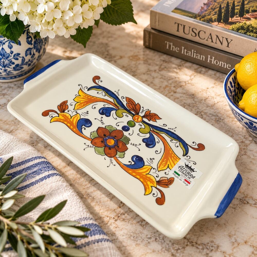 Azzurra Ceramiche Italy Hand Painted Ceramic Serving Tray Floral Italian Pottery